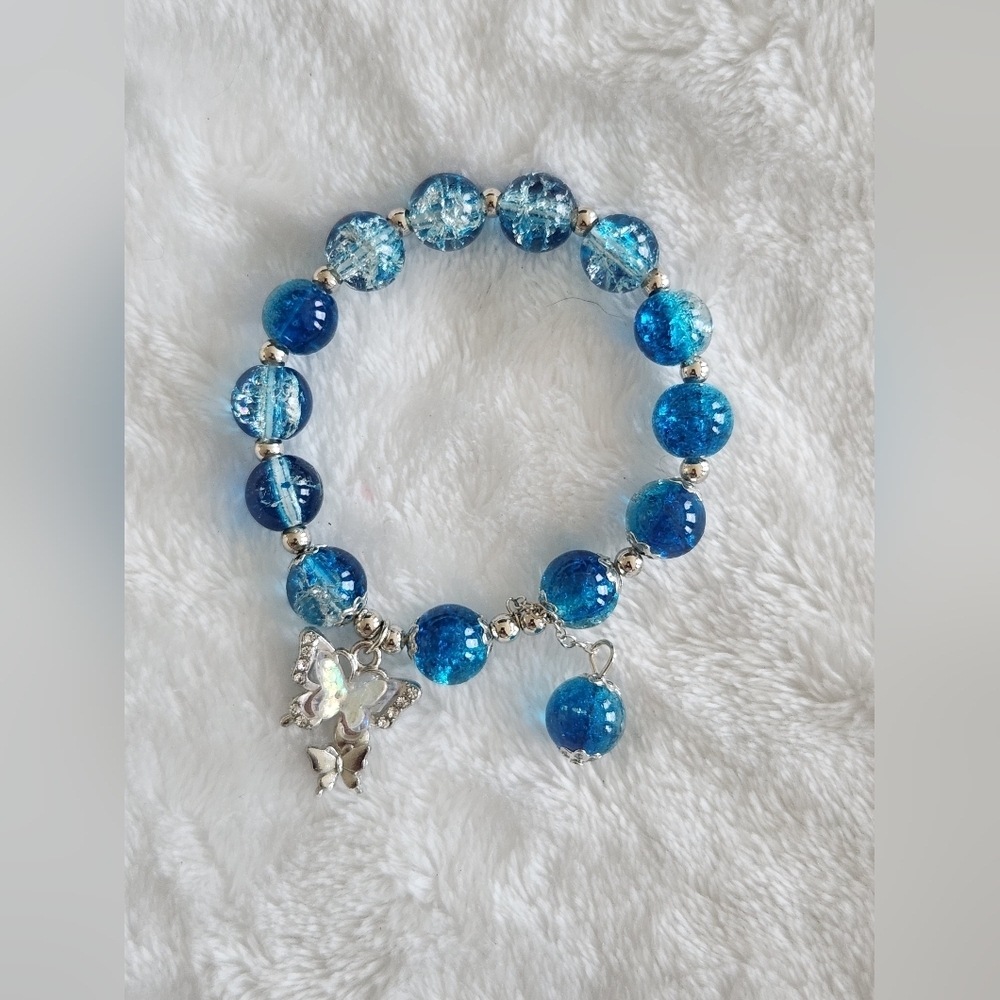 Blue Beaded Butterfly Elastic Charm Bracelet